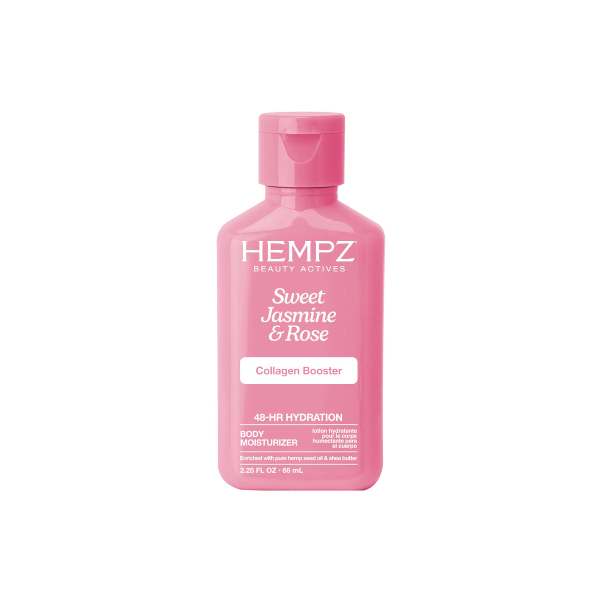 Hempz front packaging of mini jasmine and rose moisturizer showing travel-ready size and benefits