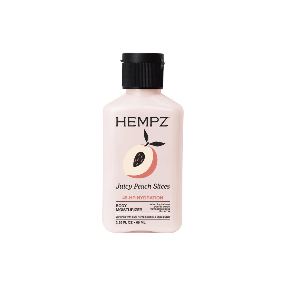 Hempz mini juicy peach front tube showing branding and size benefits hydration