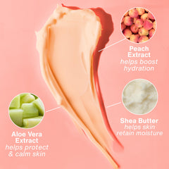 Hempz mini juicy peach lotion texture close-up showing lightweight absorbency benefit