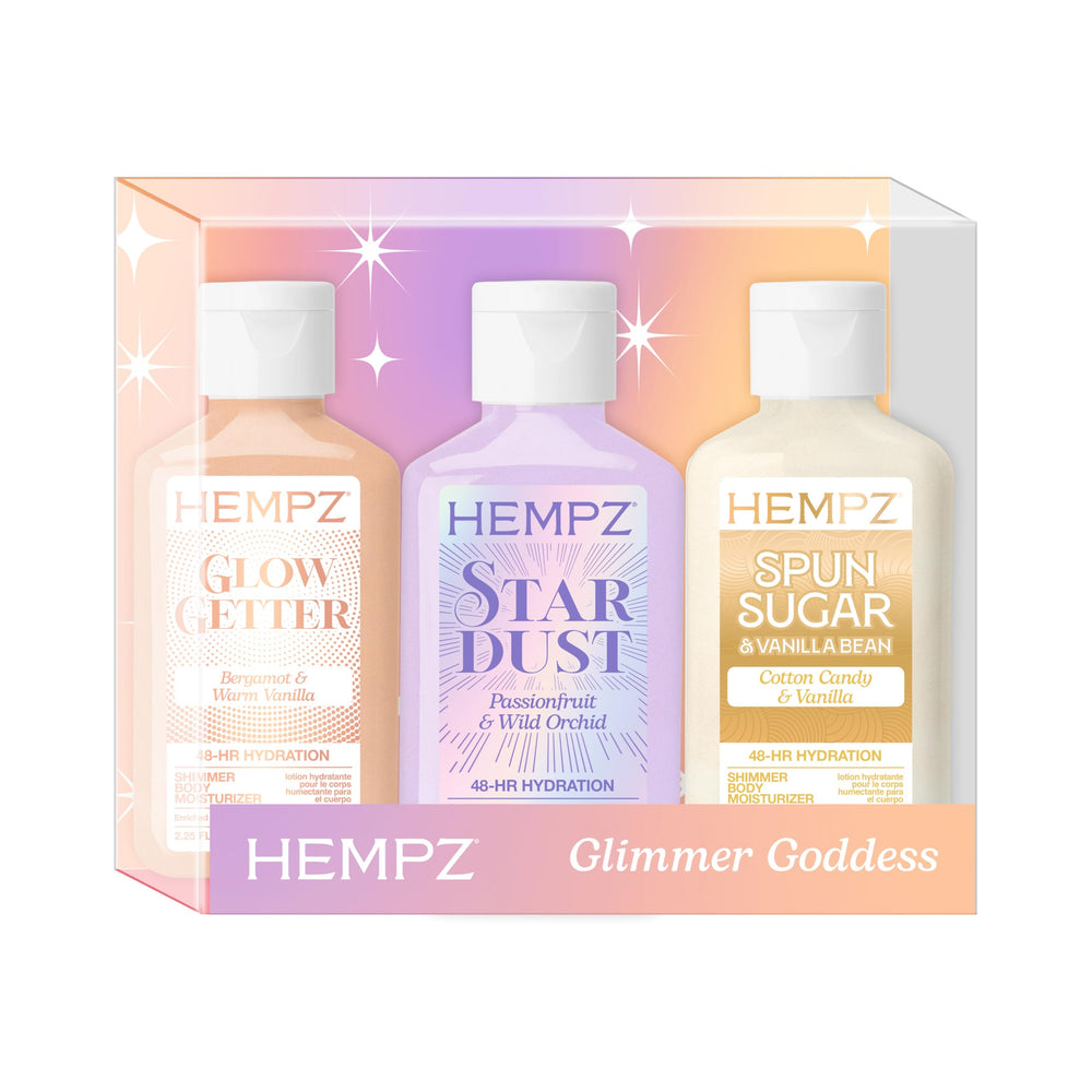 Hempz mini shimmer set front packaging showing three 2.25 oz bottles for travel convenience