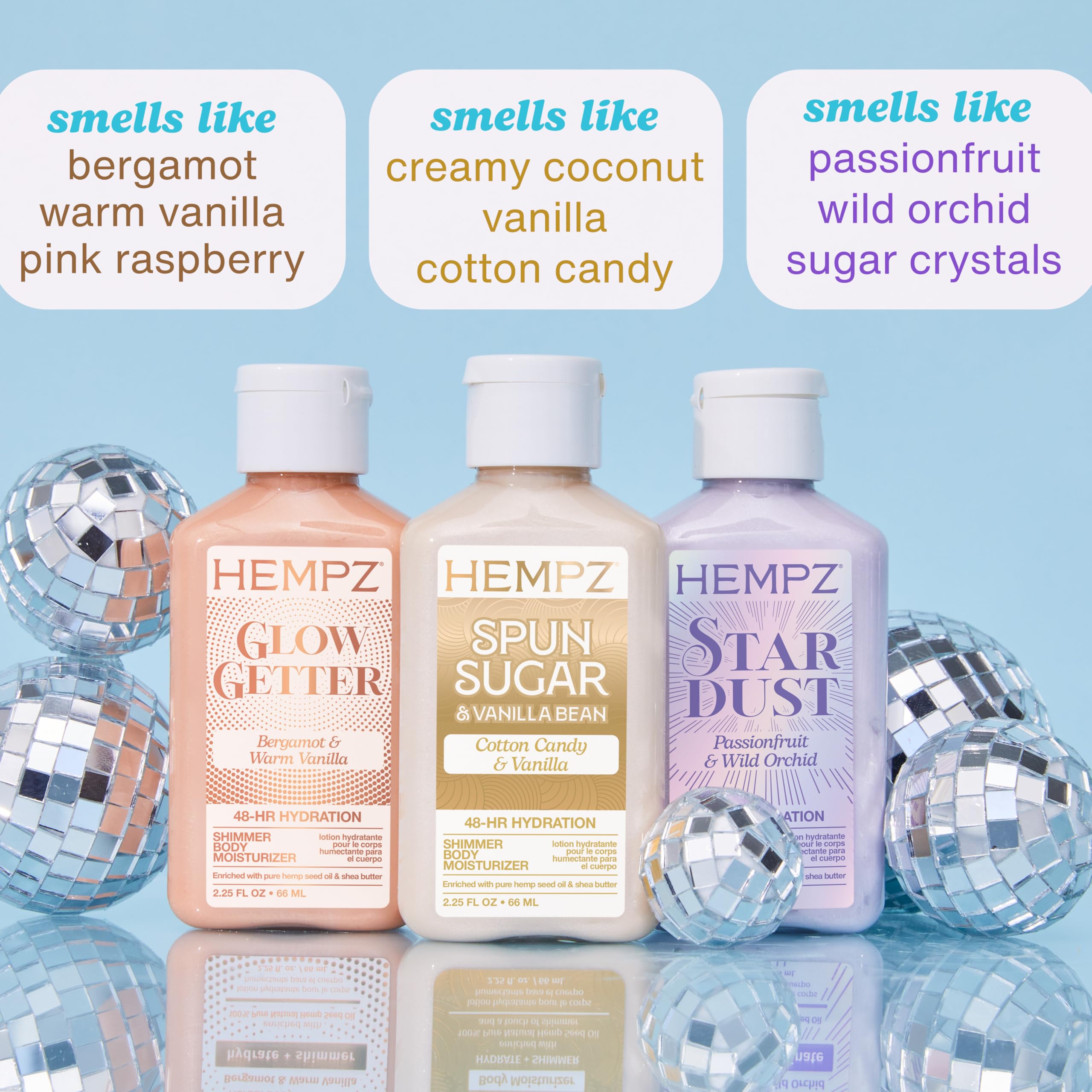 Hempz lotion texture close-up showcasing shimmer particles and moisturizing finish