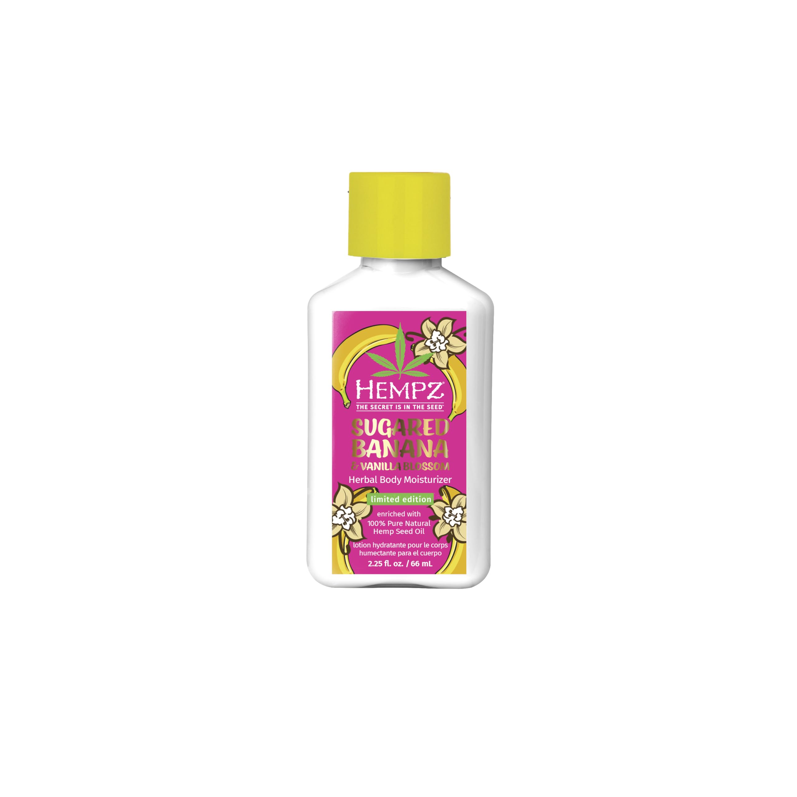 Hempz front bottle showing sugared banana vanilla fragrance and benefits
