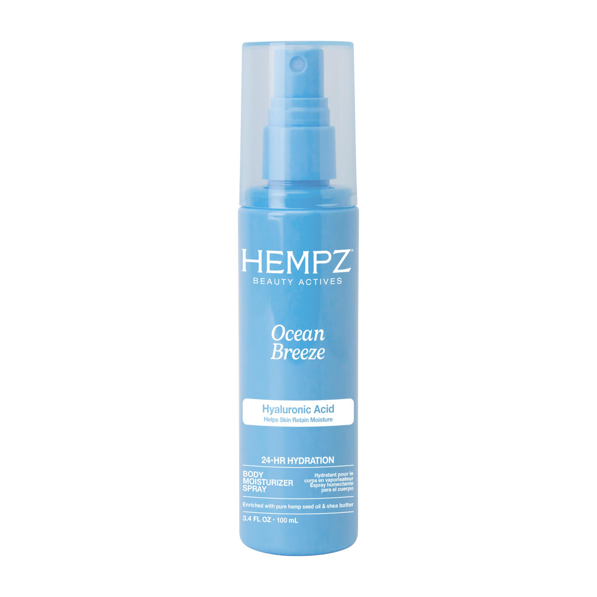 Hempz front packaging showing Ocean Breeze bottle and benefits