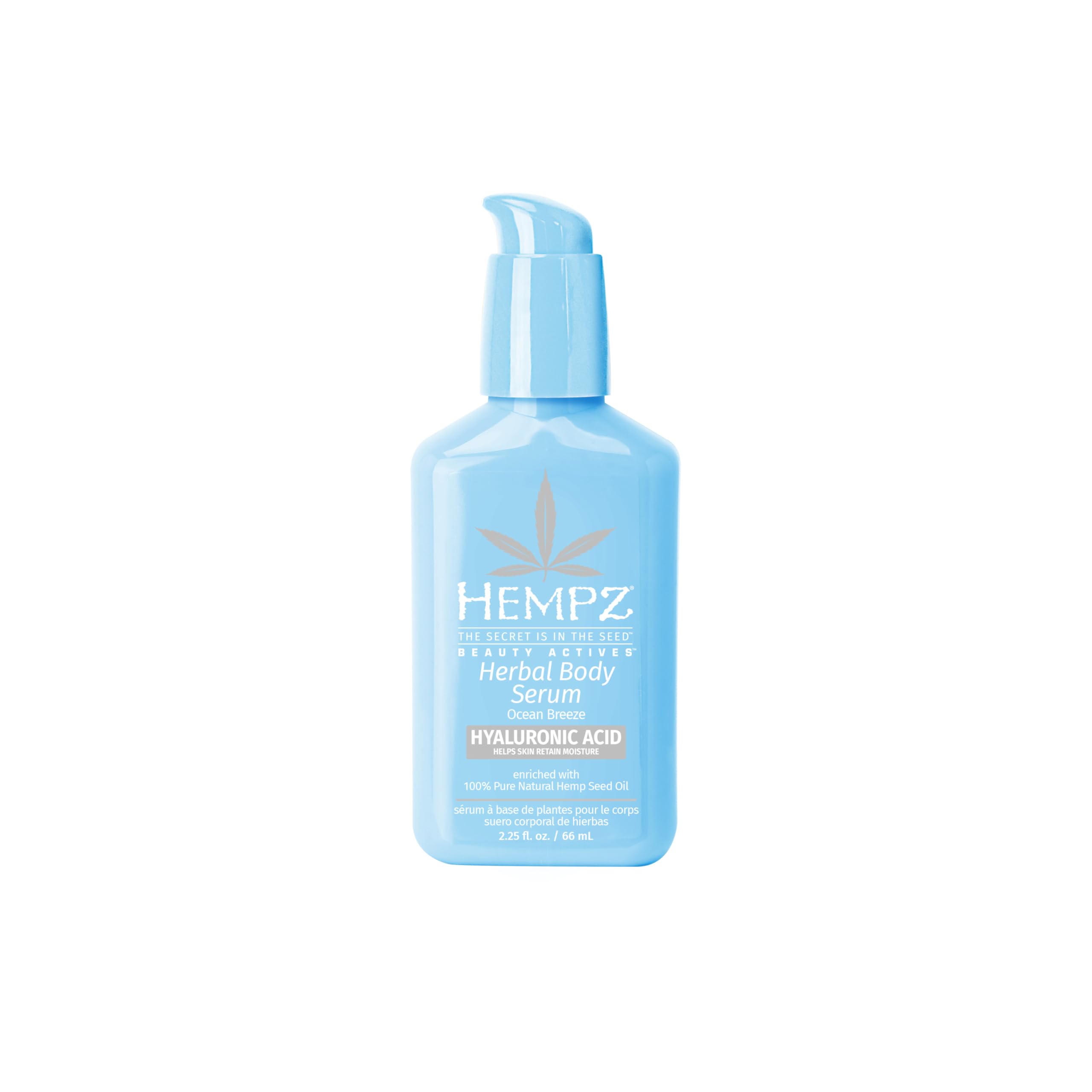 Hempz Ocean Breeze front pump bottle showing compact travel size and clear label benefit