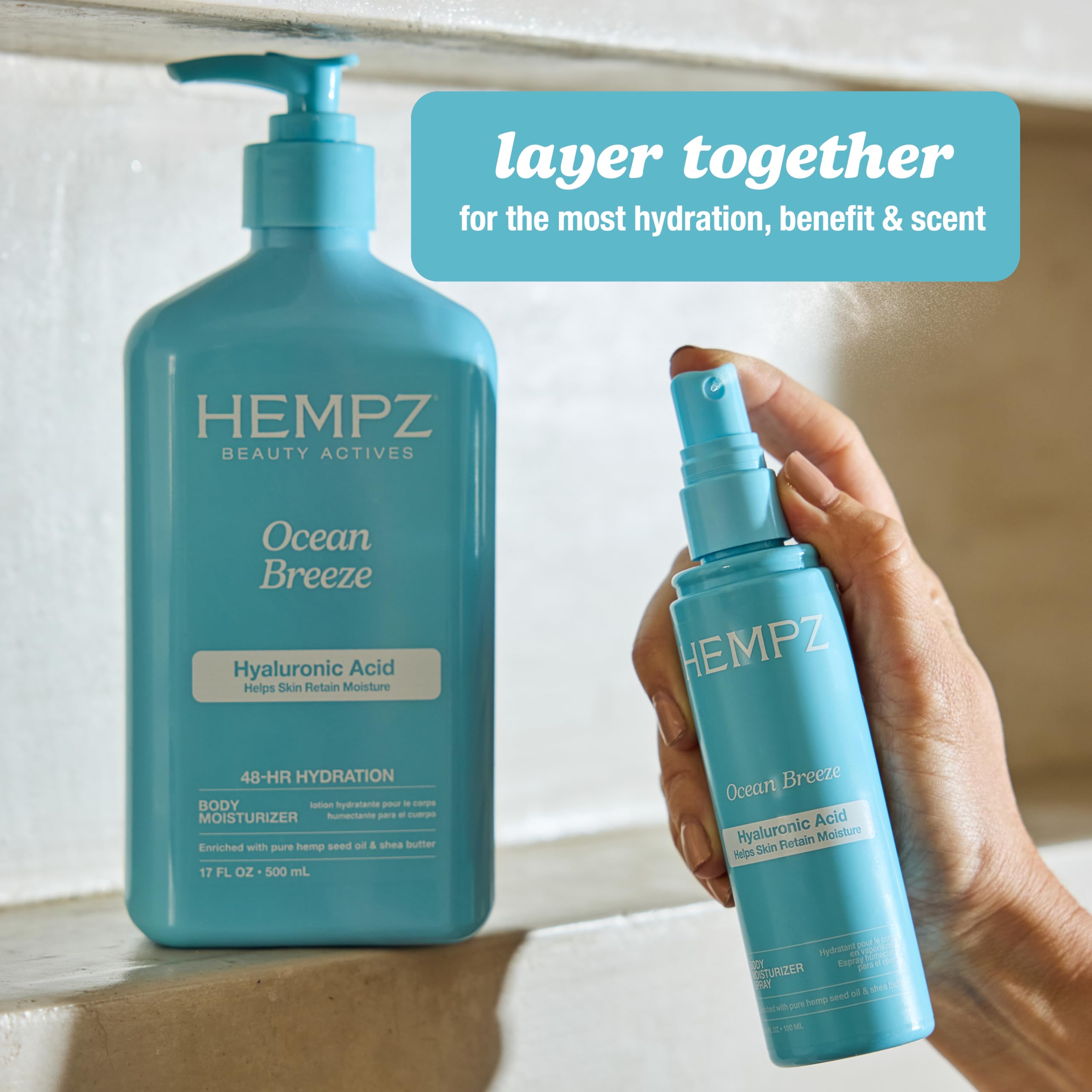 Hempz ingredients display with hemp seed oil and hyaluronic acid benefits