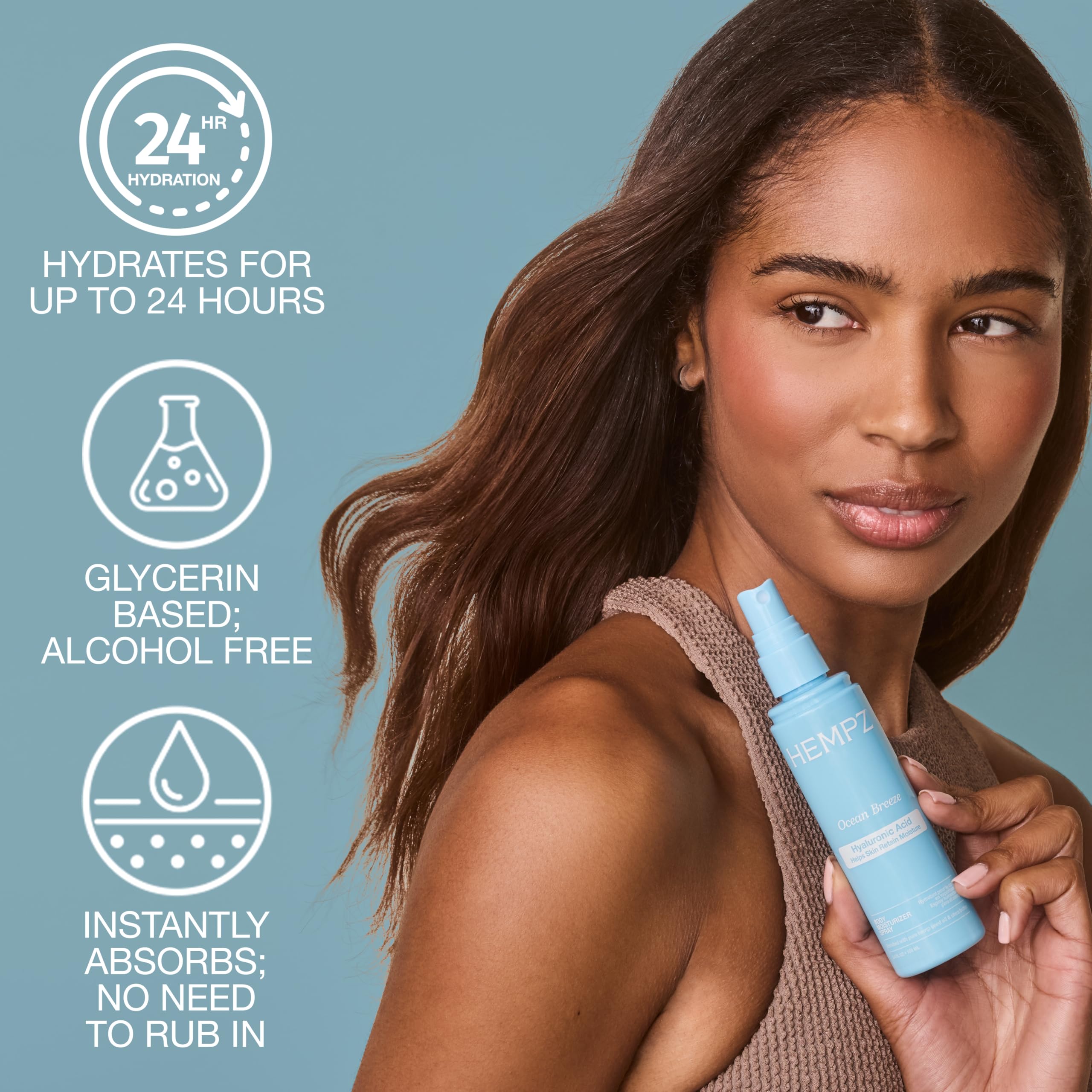Hempz bottle spraying mist to hydrate skin quickly