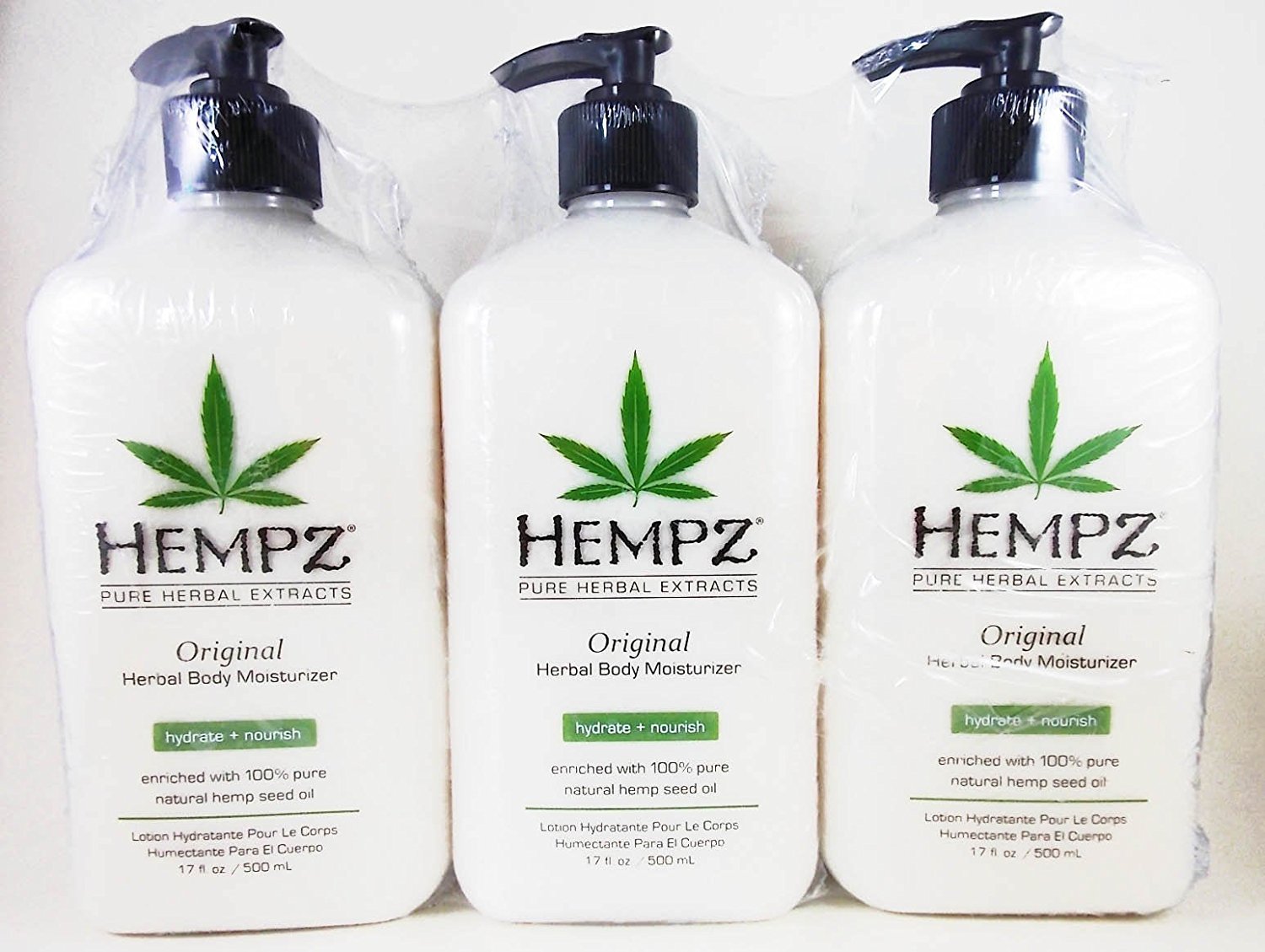 Hempz front packaging showing three 17 oz bottles, hydrate and nourish skin