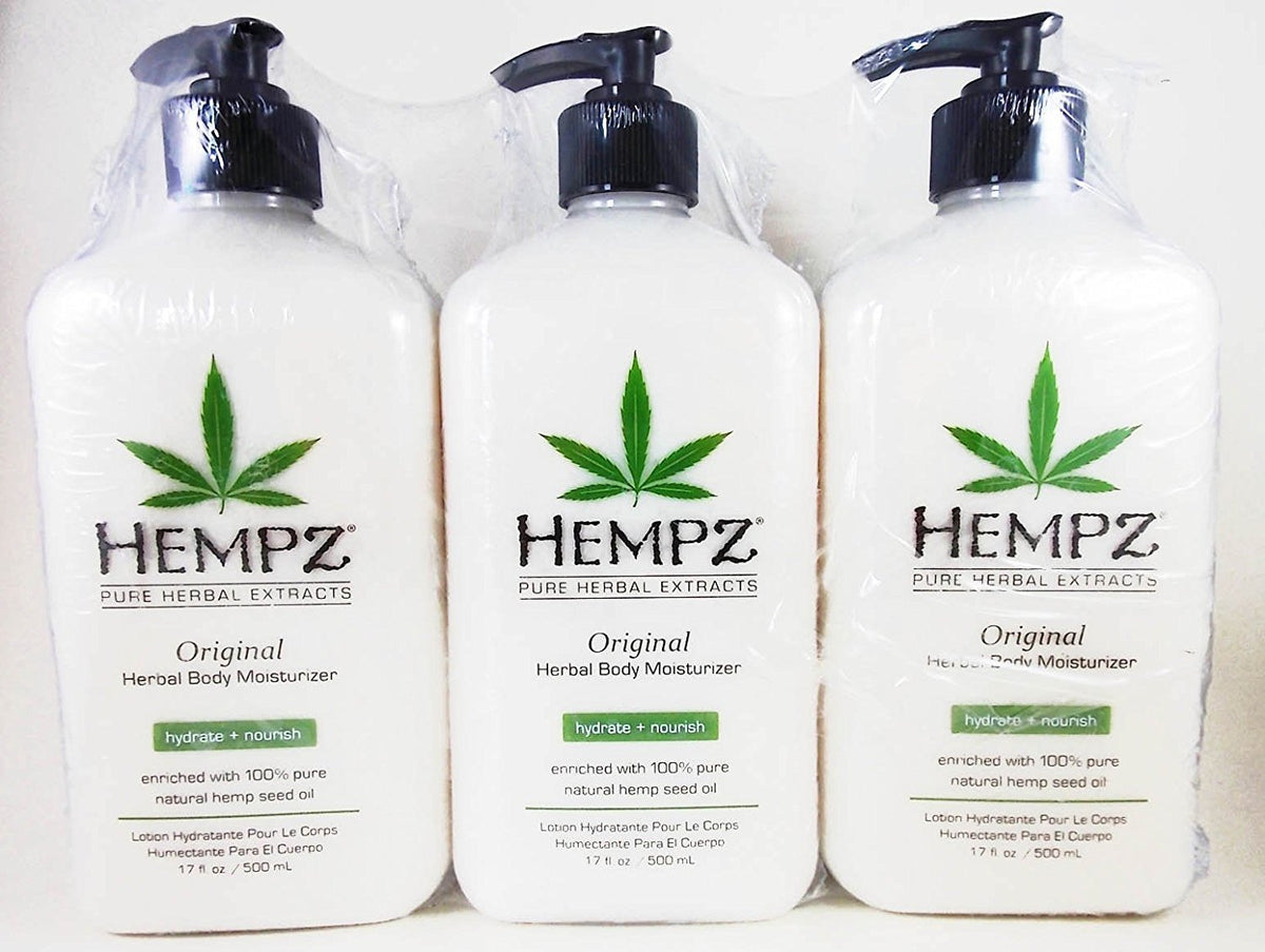 Hempz front packaging showing three 17 oz bottles, hydrate and nourish skin