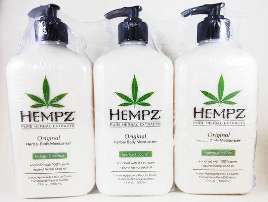 Hempz front packaging showing three 17 oz bottles, hydrate and nourish skin