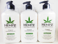 Hempz front packaging showing three 17 oz bottles, hydrate and nourish skin