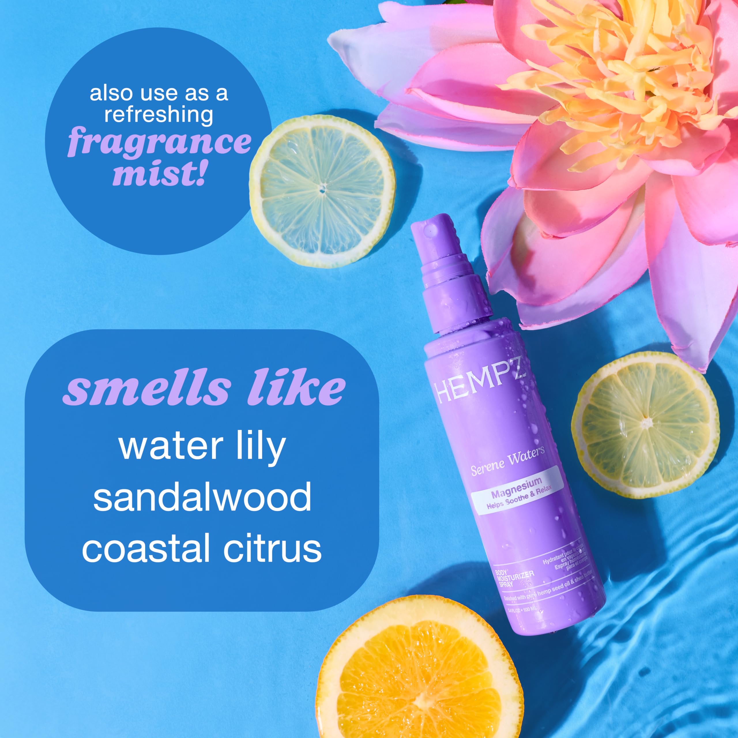 Ingredient label of Hempz Serene Waters highlighting key botanicals and clean formulation
