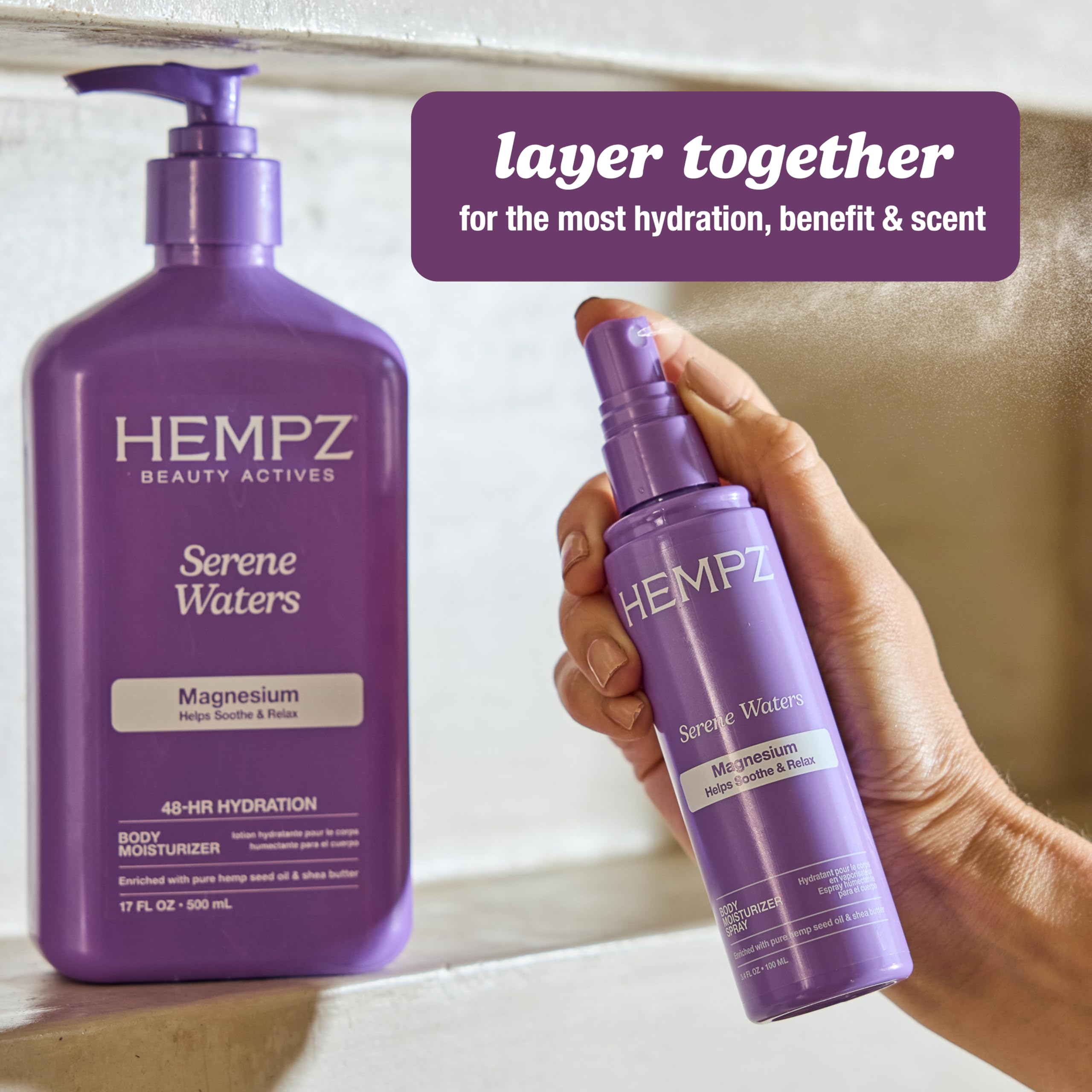 Hempz Serene Waters on a beach towel in lifestyle scene evoking fresh coastal scent benefits