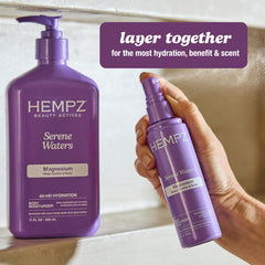 Hempz Serene Waters on a beach towel in lifestyle scene evoking fresh coastal scent benefits