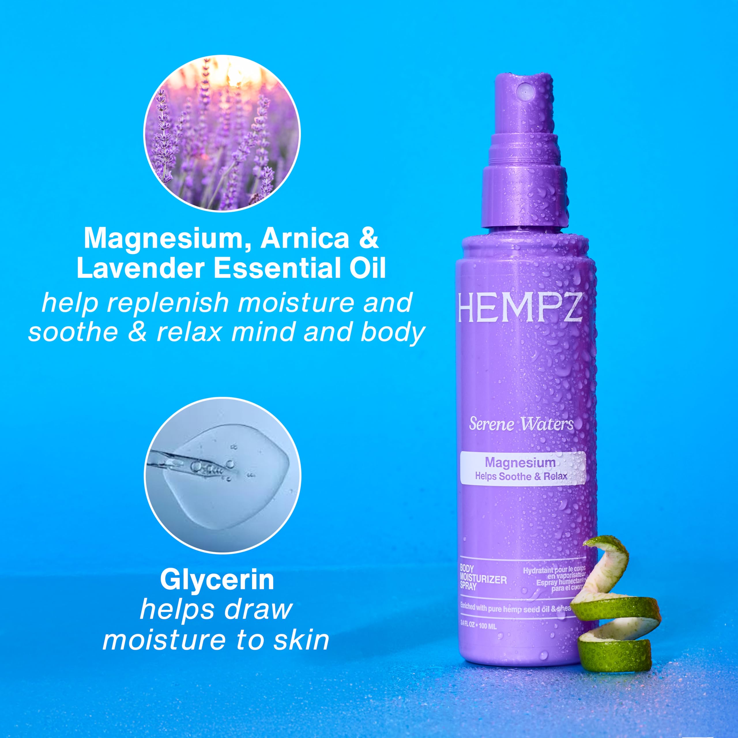 Hempz Serene Waters travel-size bottle in hand showing convenient, carry-on friendly benefit