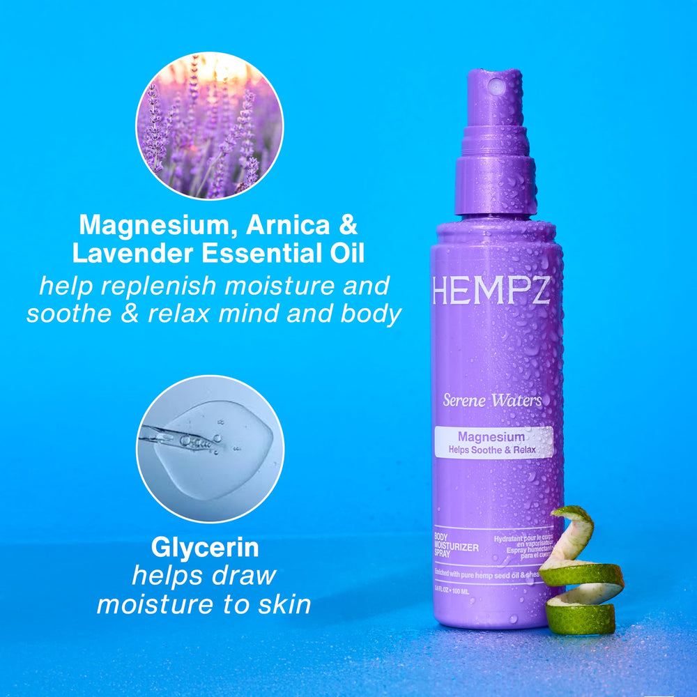Hempz Serene Waters travel-size bottle in hand showing convenient, carry-on friendly benefit