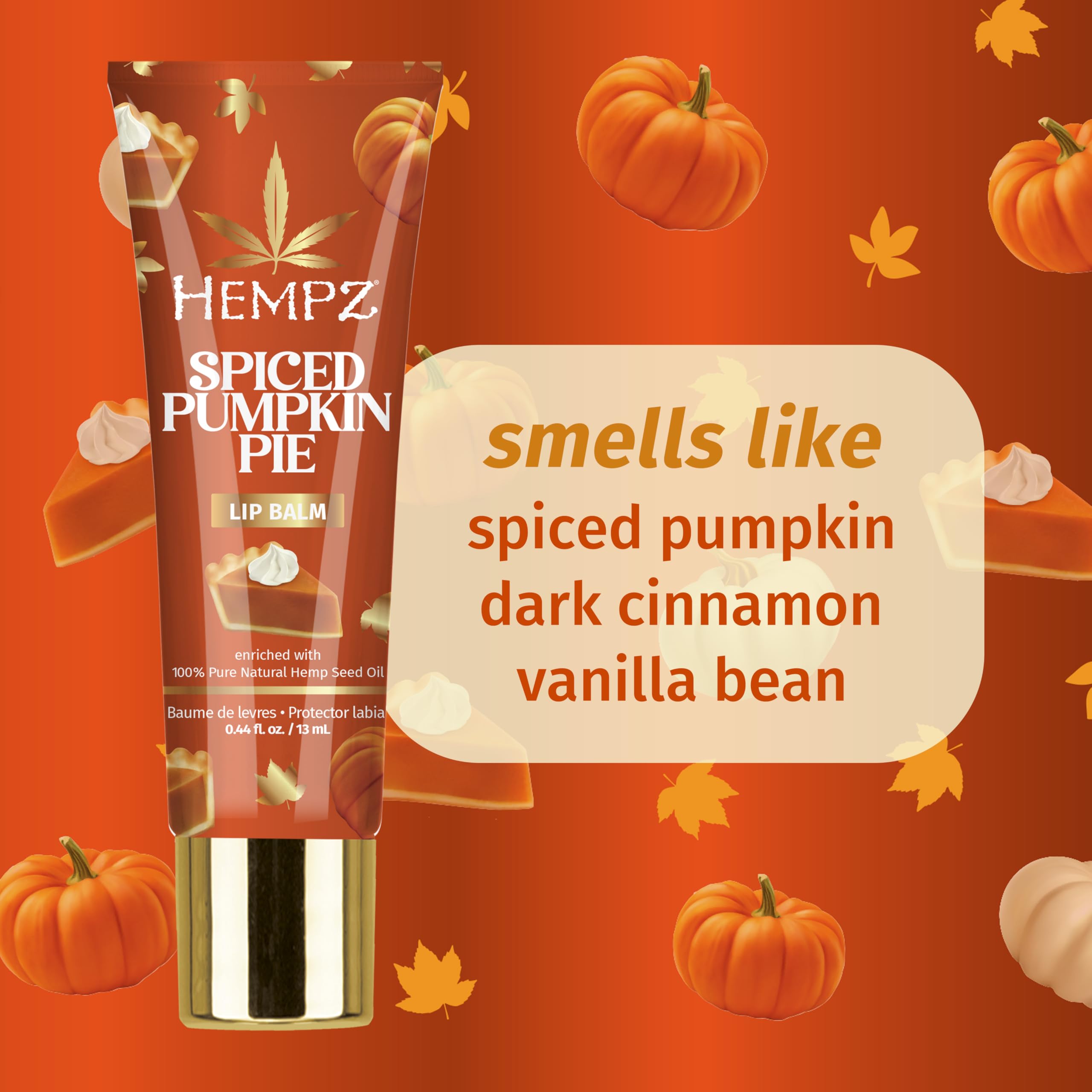 Hempz Spiced Pumpkin Pie lip balm tube detail protecting and hydrating lips