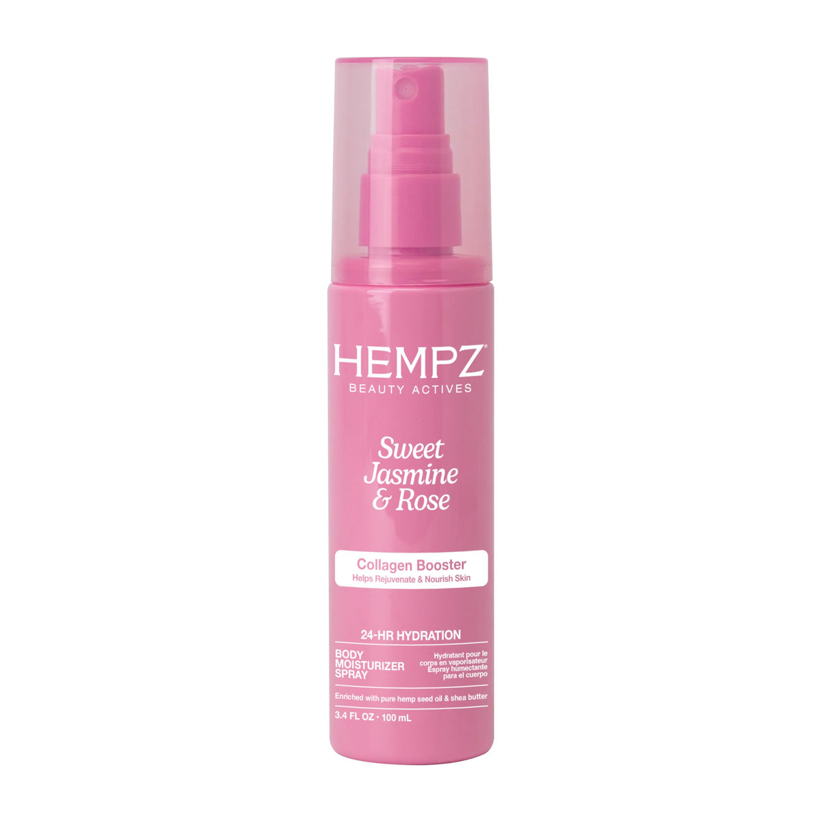 Hempz bottle front view showing travel-friendly 3.4oz and floral design
