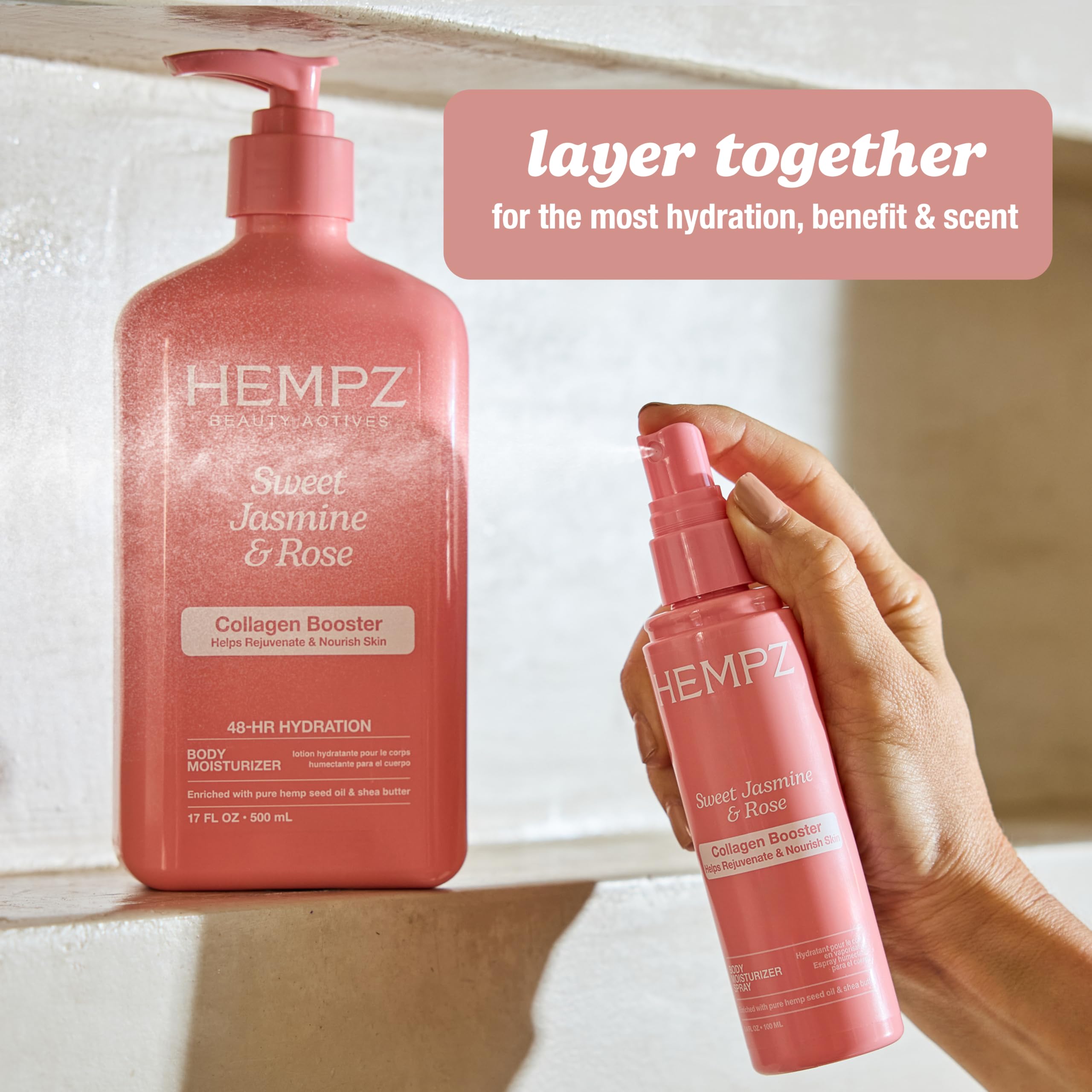Hempz bottle next to a hand to show size and easy portability benefit