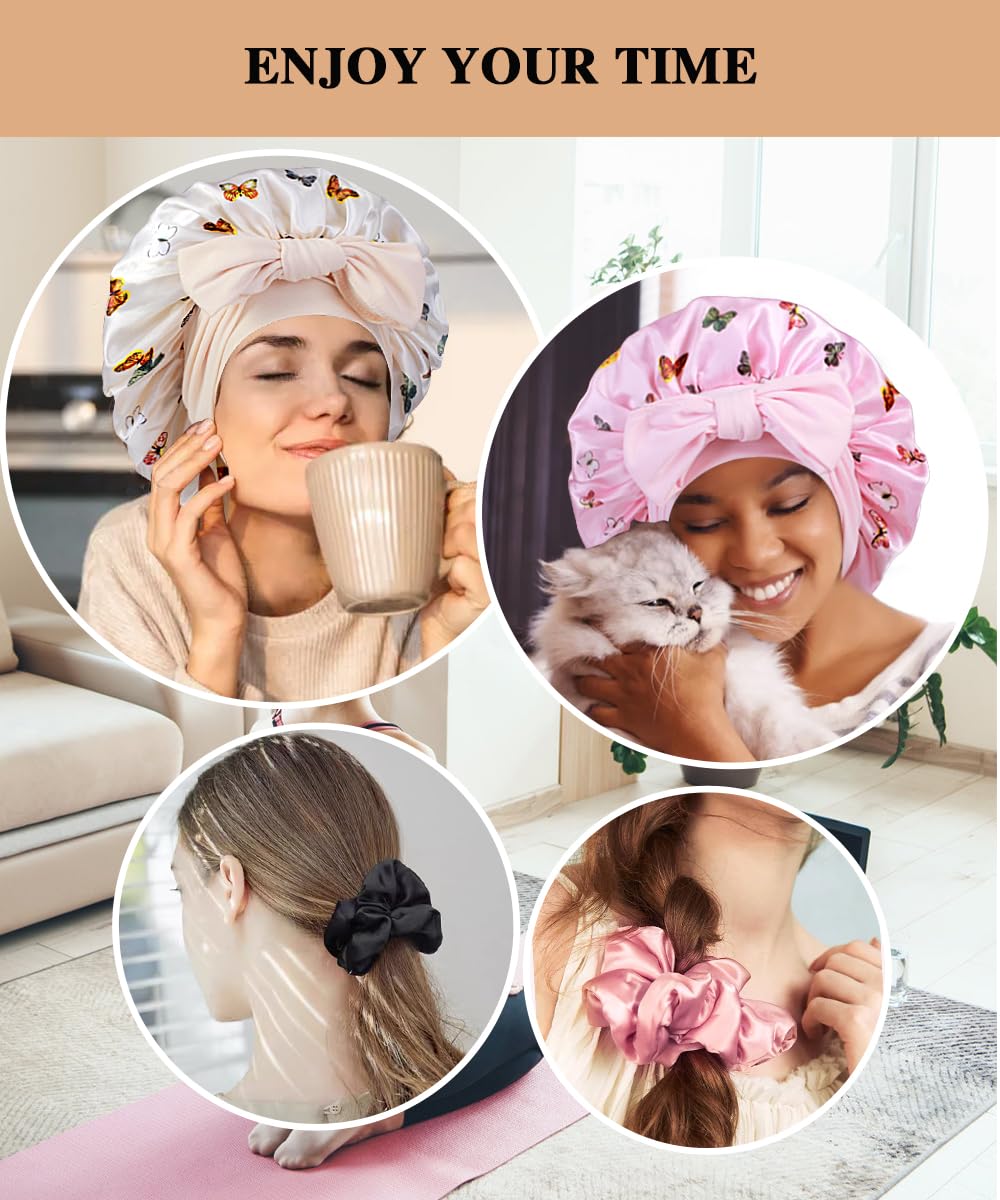 Heniho bonnet worn on curly hair showing large capacity protects curls while sleeping