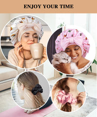 Heniho bonnet worn on curly hair showing large capacity protects curls while sleeping