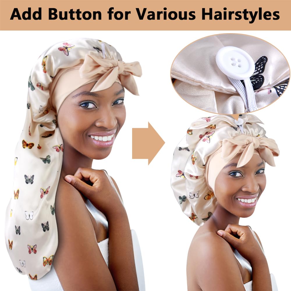 Heniho button and tie detail showing adjustable hold for heavy hair