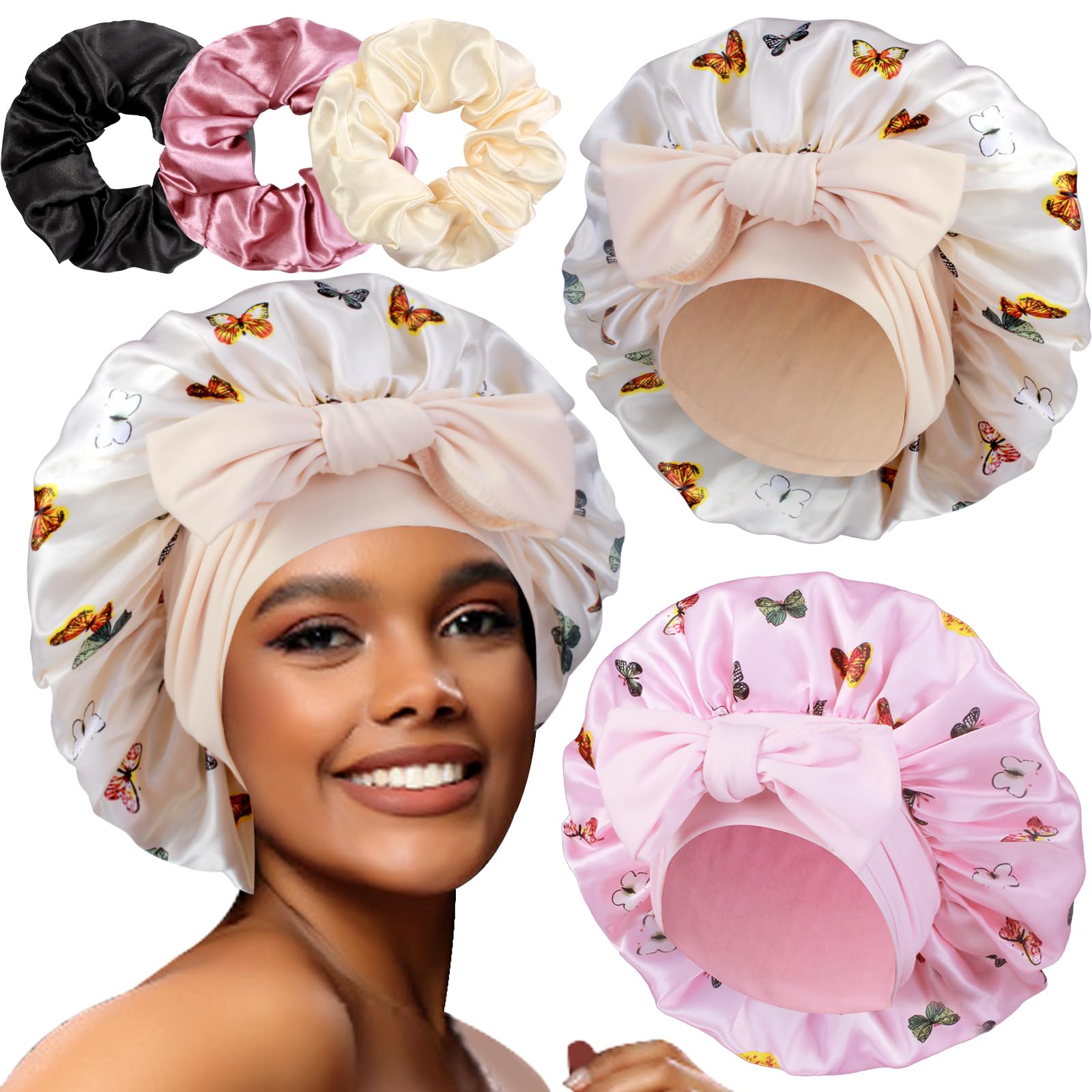 Heniho front view of bonnet set showing packaging and included scrunchies for convenience