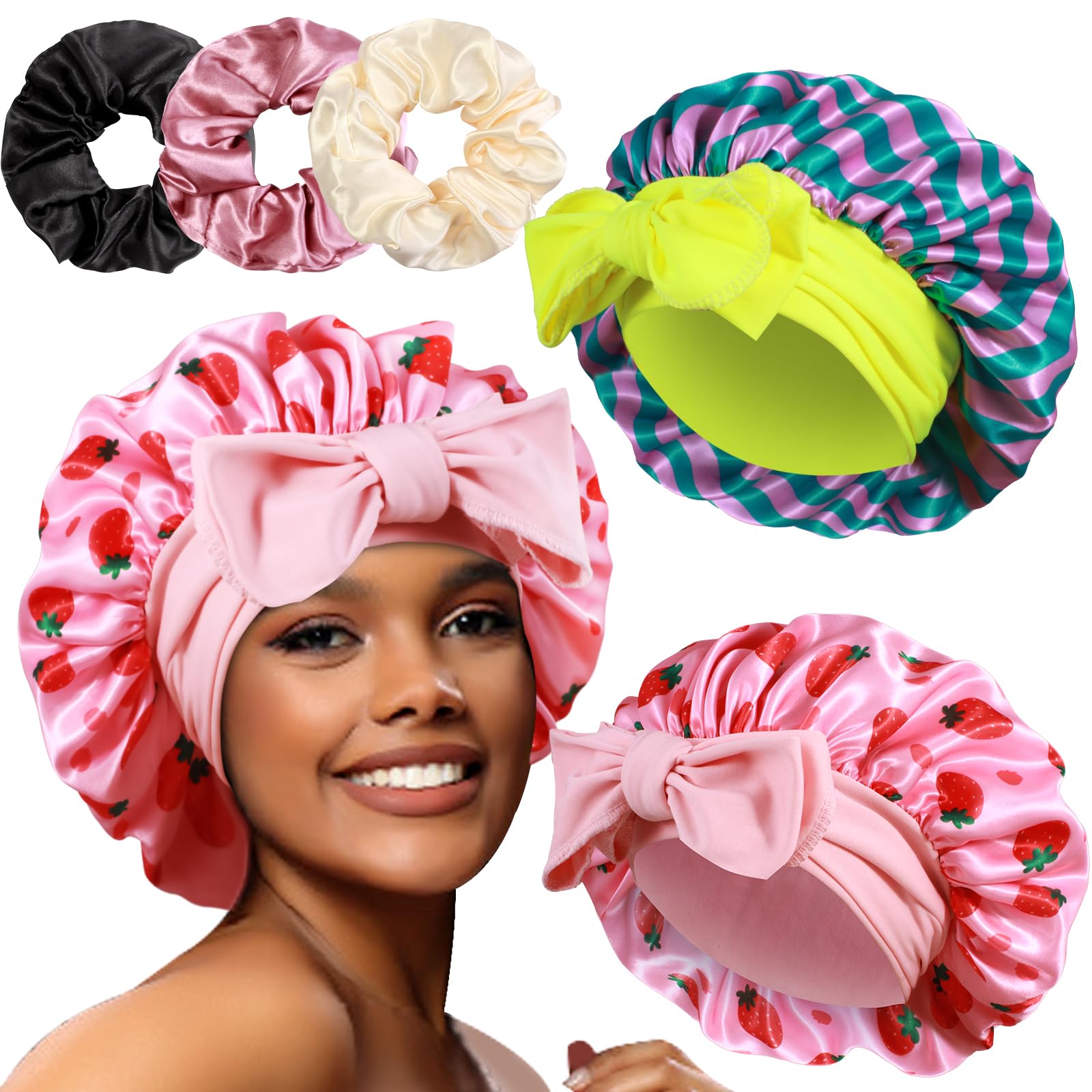 Heniho bonnet and scrunchies front view showing set and storage benefit