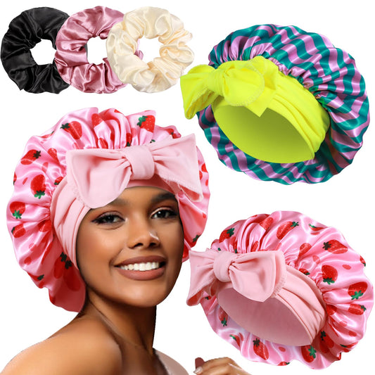 Heniho bonnet and scrunchies front view showing set and storage benefit