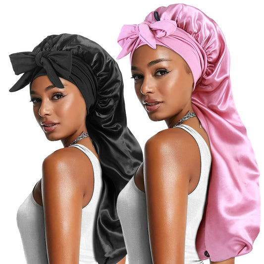 Heniho front view of two satin bonnets showing packaging and colors, protects hair