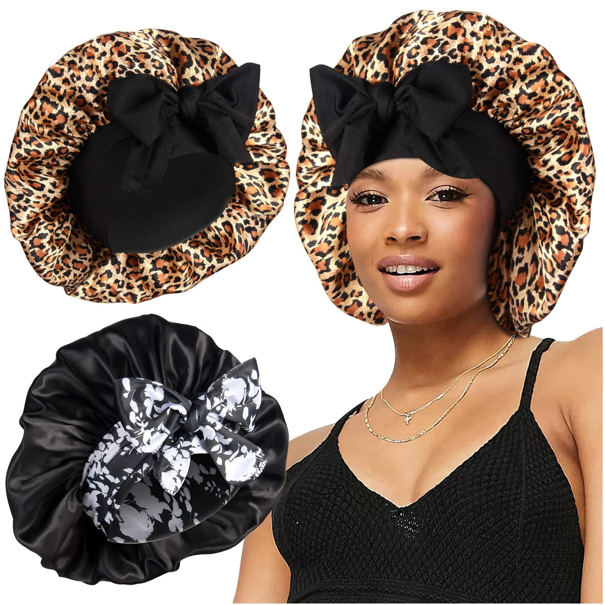 Heniho front view of two large satin bonnets showing roomy fit and secure band benefit