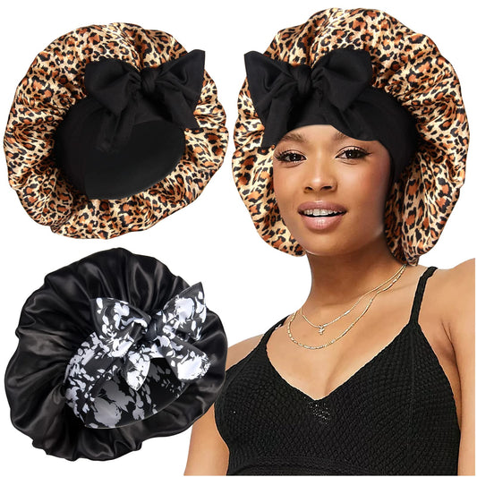 Heniho front view of two large satin bonnets showing roomy fit and secure band benefit