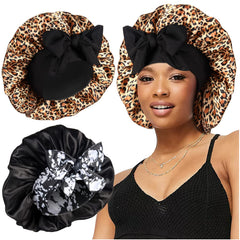 Heniho front view of two large satin bonnets showing roomy fit and secure band benefit