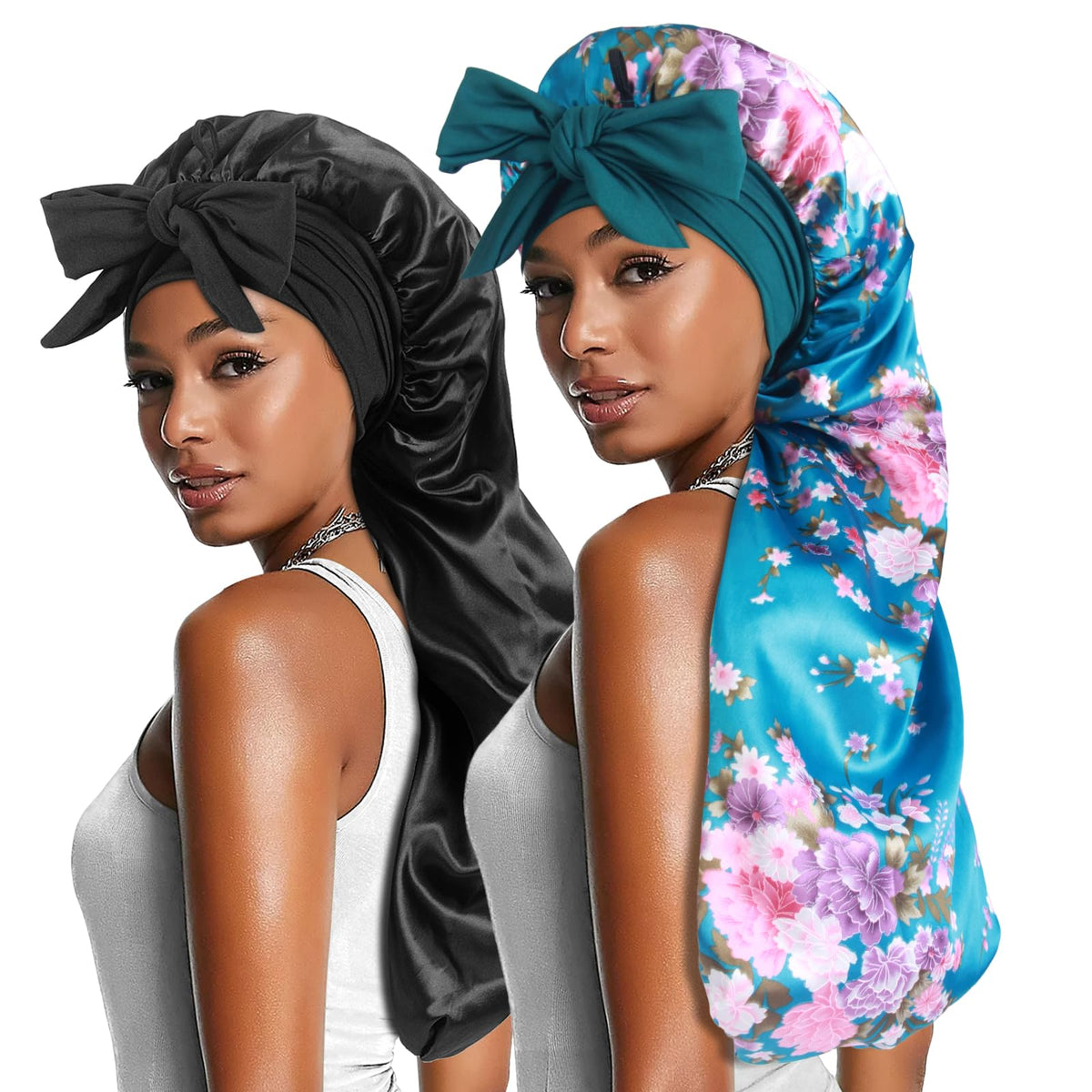 Heniho front view of two long satin bonnets showing roomy fit and colors