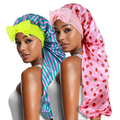 Heniho front view of two large satin bonnets showing packaging and size benefit