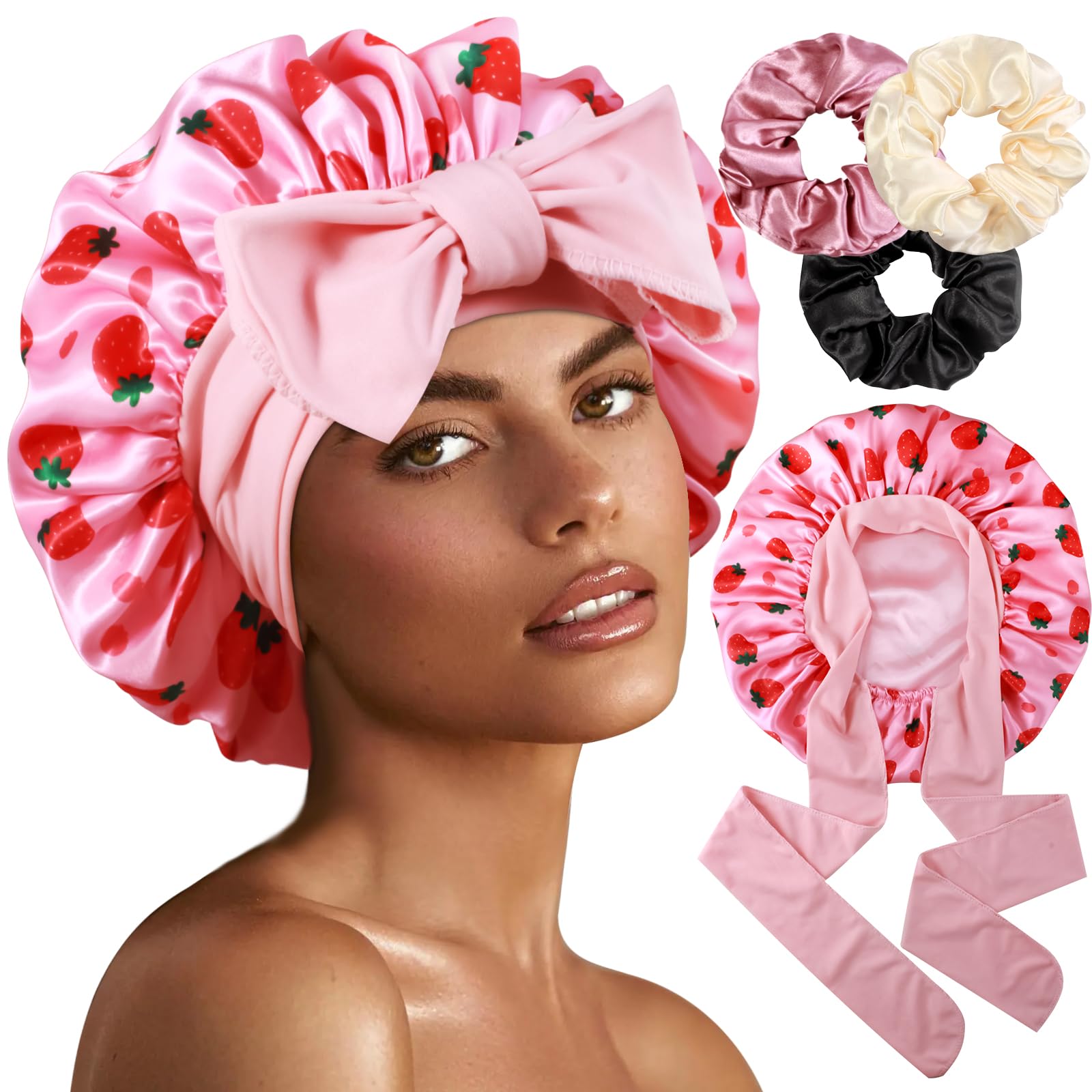 Heniho front view bonnet set showing double-layer tie and included scrunchies for secure sleep