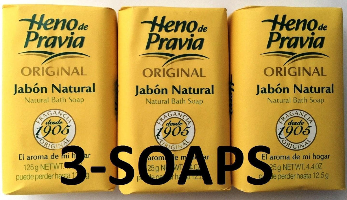 Heno de Pravia front packaging showing three wrapped 4 oz bars and classic branding for gifting