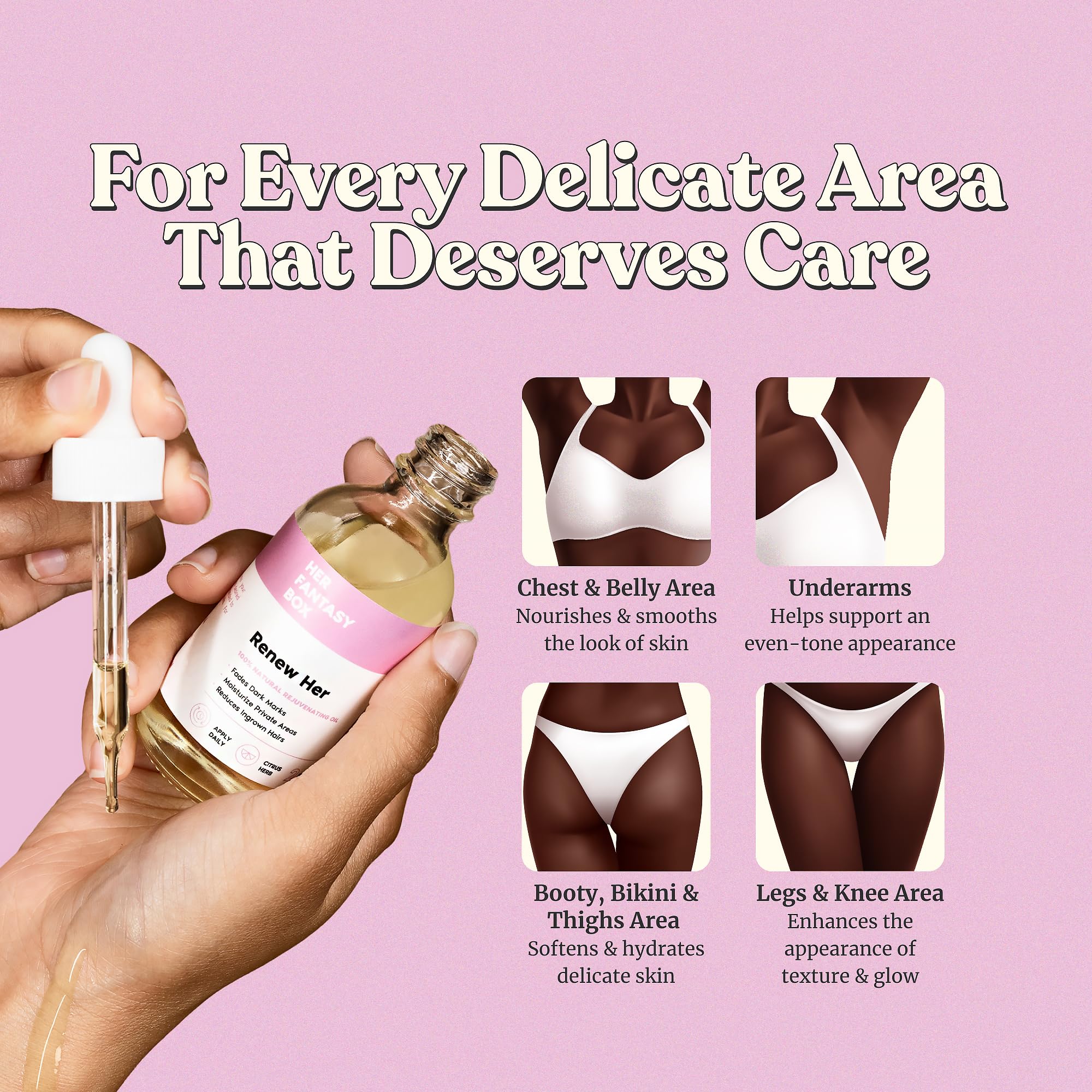 Her Fantasy Box pipette applying oil to skin for precise, soothing application