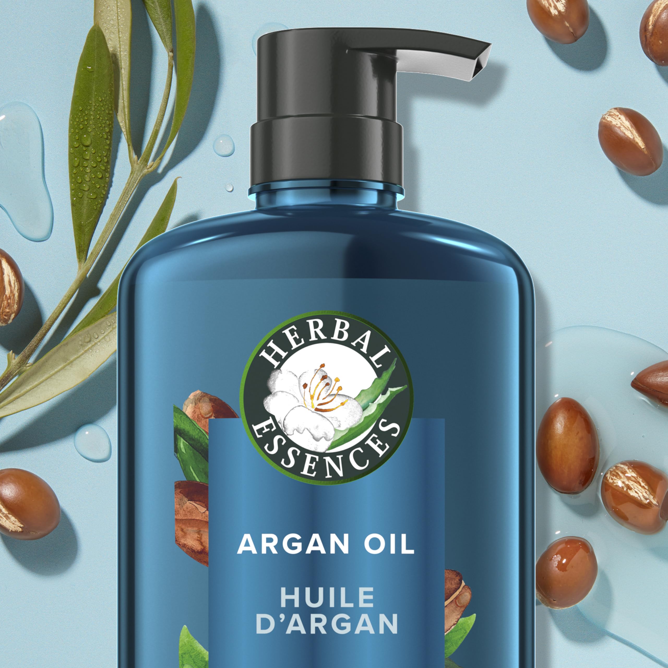 Herbal Essences on bathroom shelf styled lifestyle shot, implies everyday routine benefit