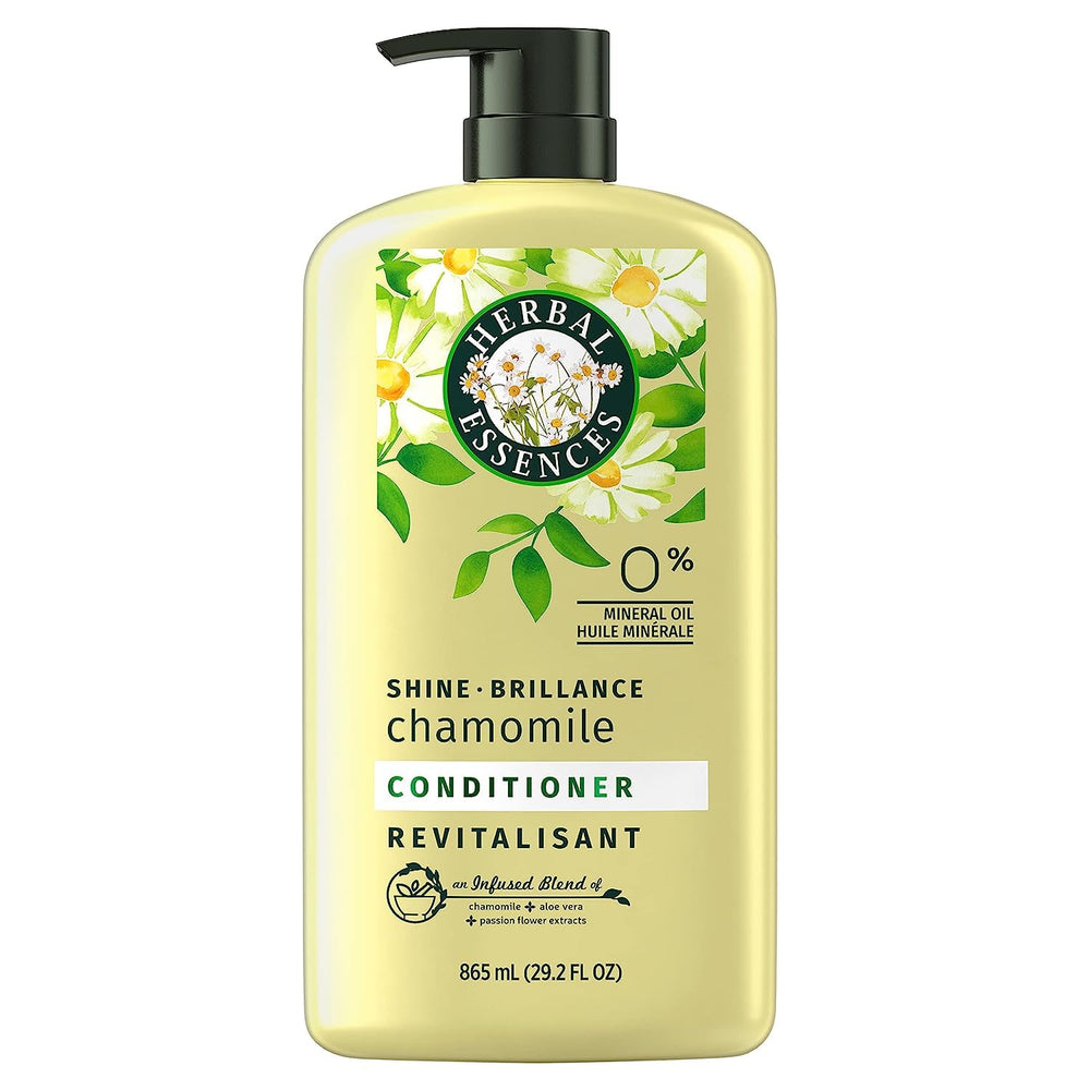 Herbal Essences chamomile bottle front view shows large size and shiny hair benefit