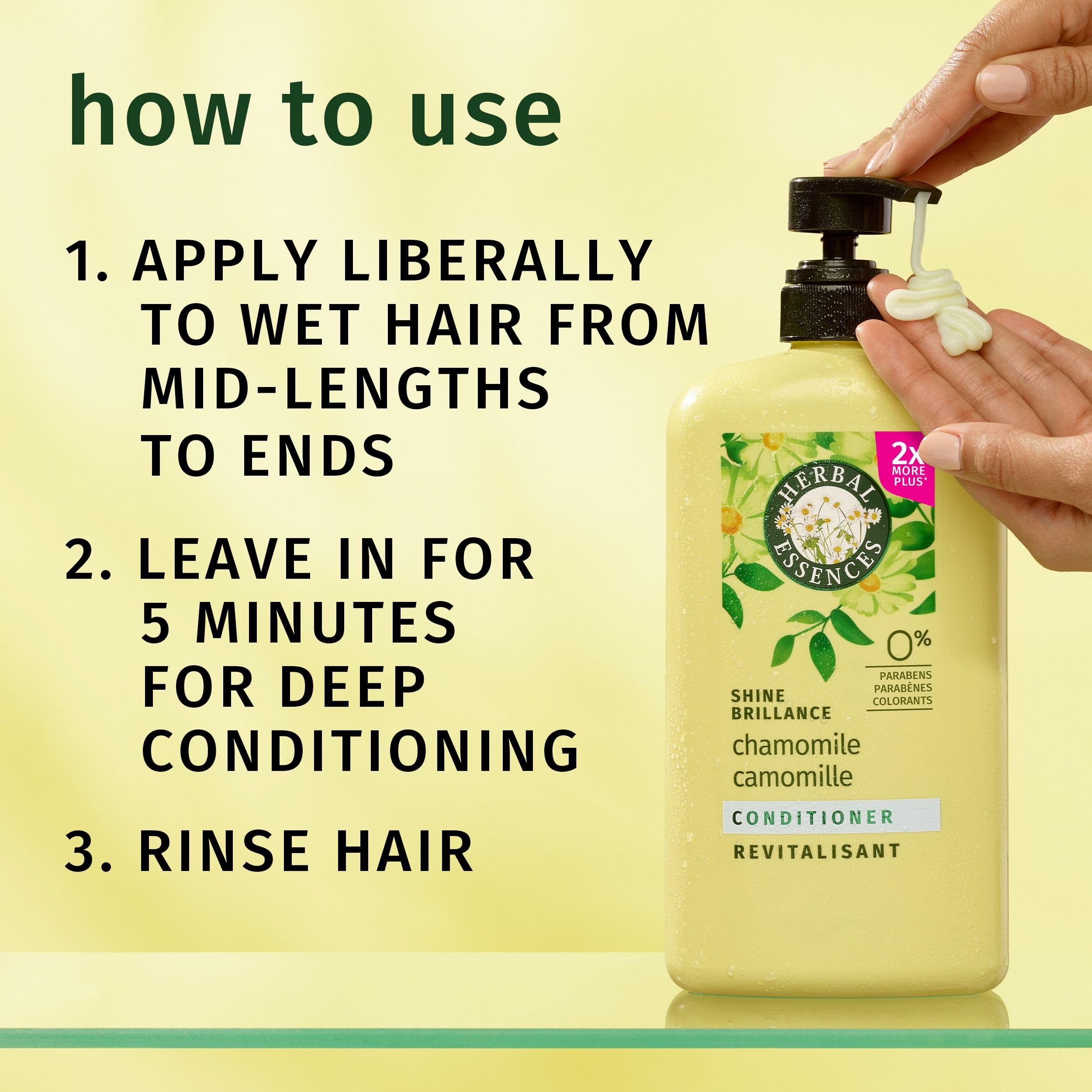 Herbal Essences rinsed hair showing visible shine and smooth finish