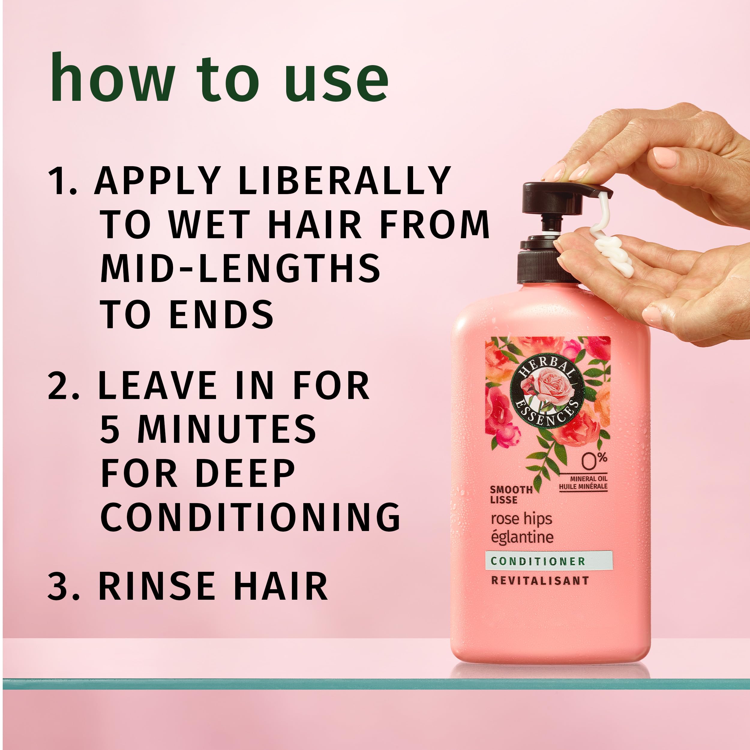 Herbal Essences conditioner applied in shower on wet hair to reduce frizz and soften