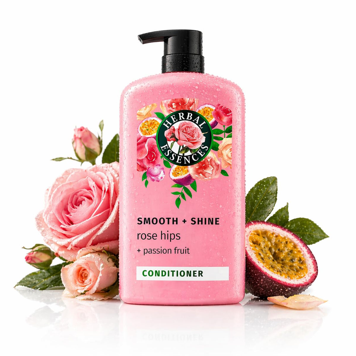 Herbal Essences front bottle showing rose hips and passionfruit, highlights easy-smoothing