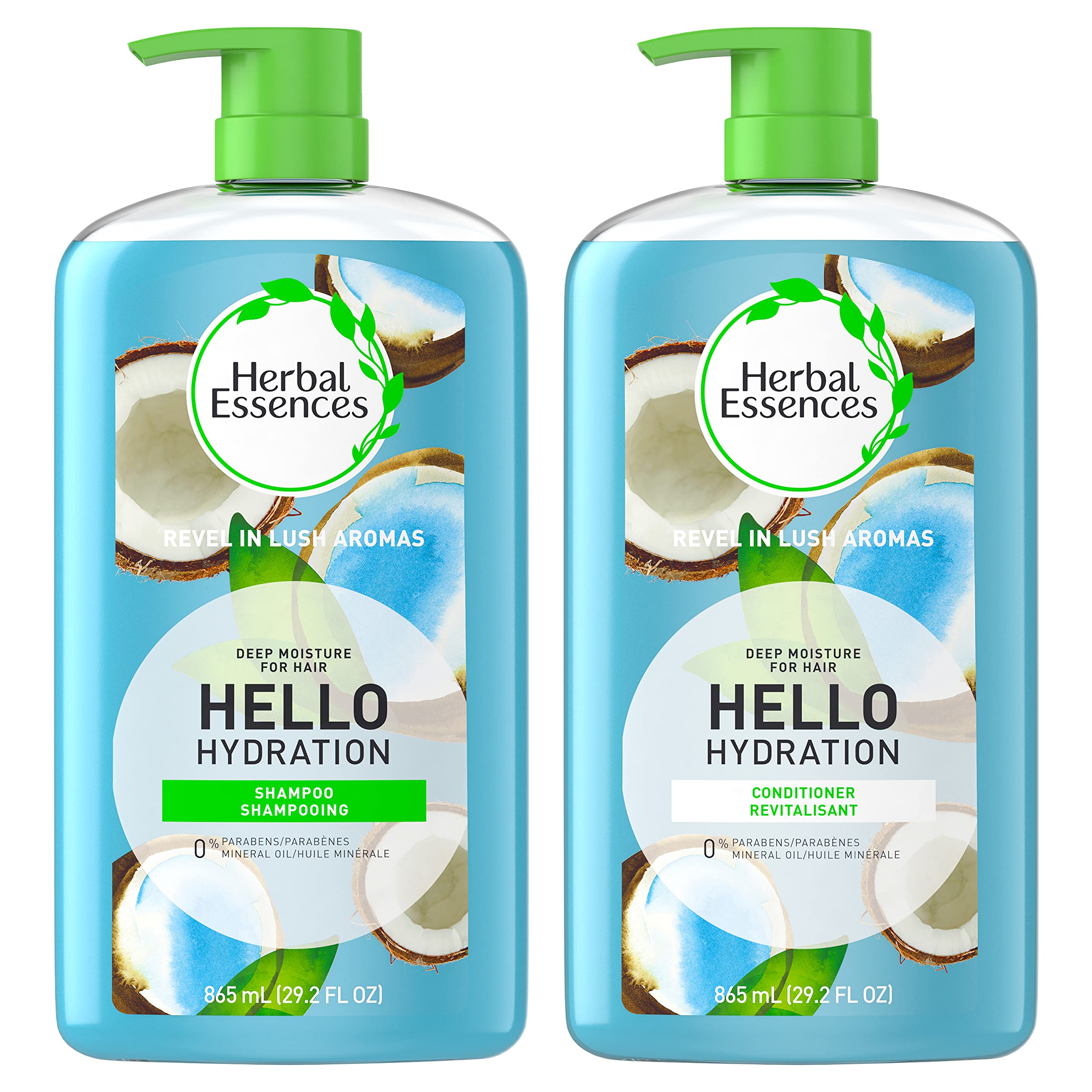Herbal Essences front packaging showing two 29.2 fl oz bottles and coconut scent benefit