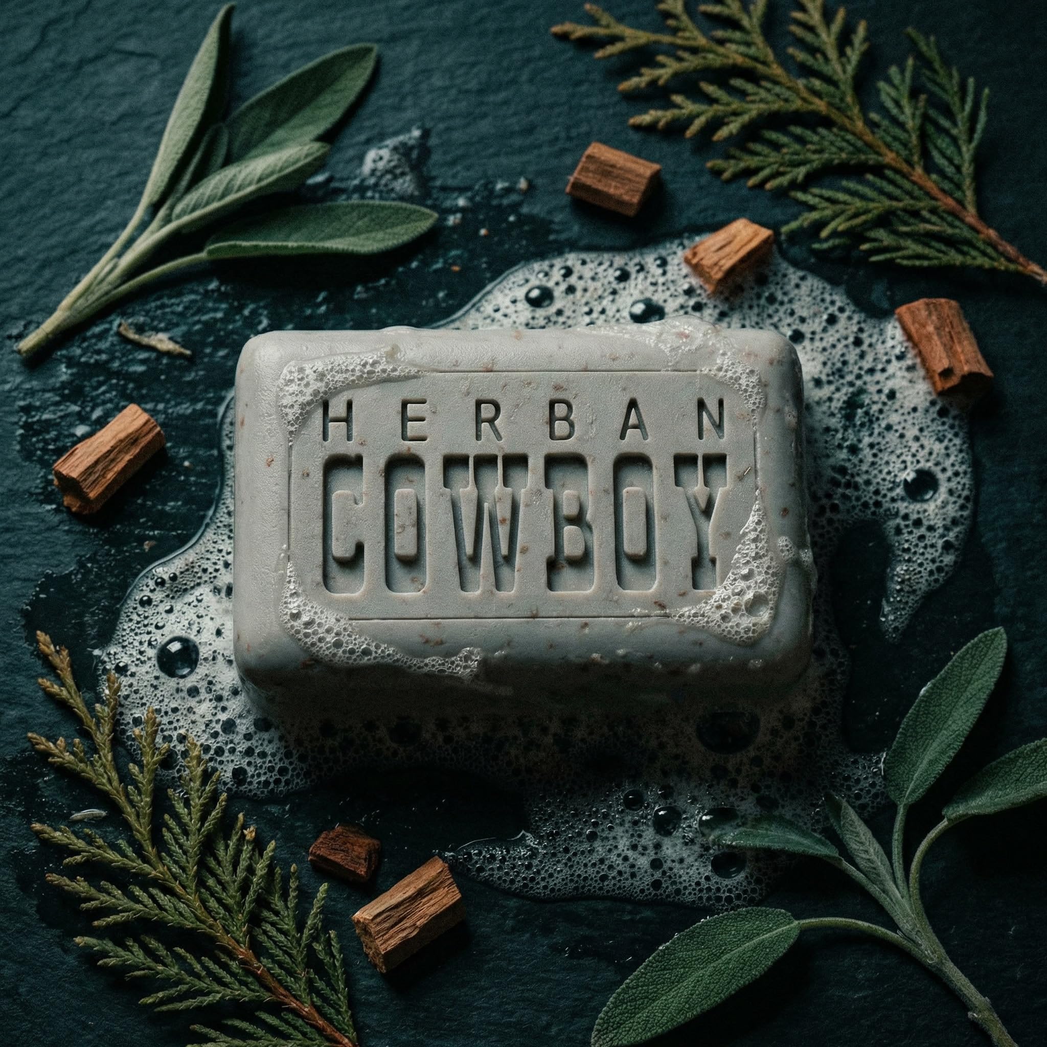 Herban Cowboy dusk soap texture close-up showing smooth clear bar for gentle cleansing
