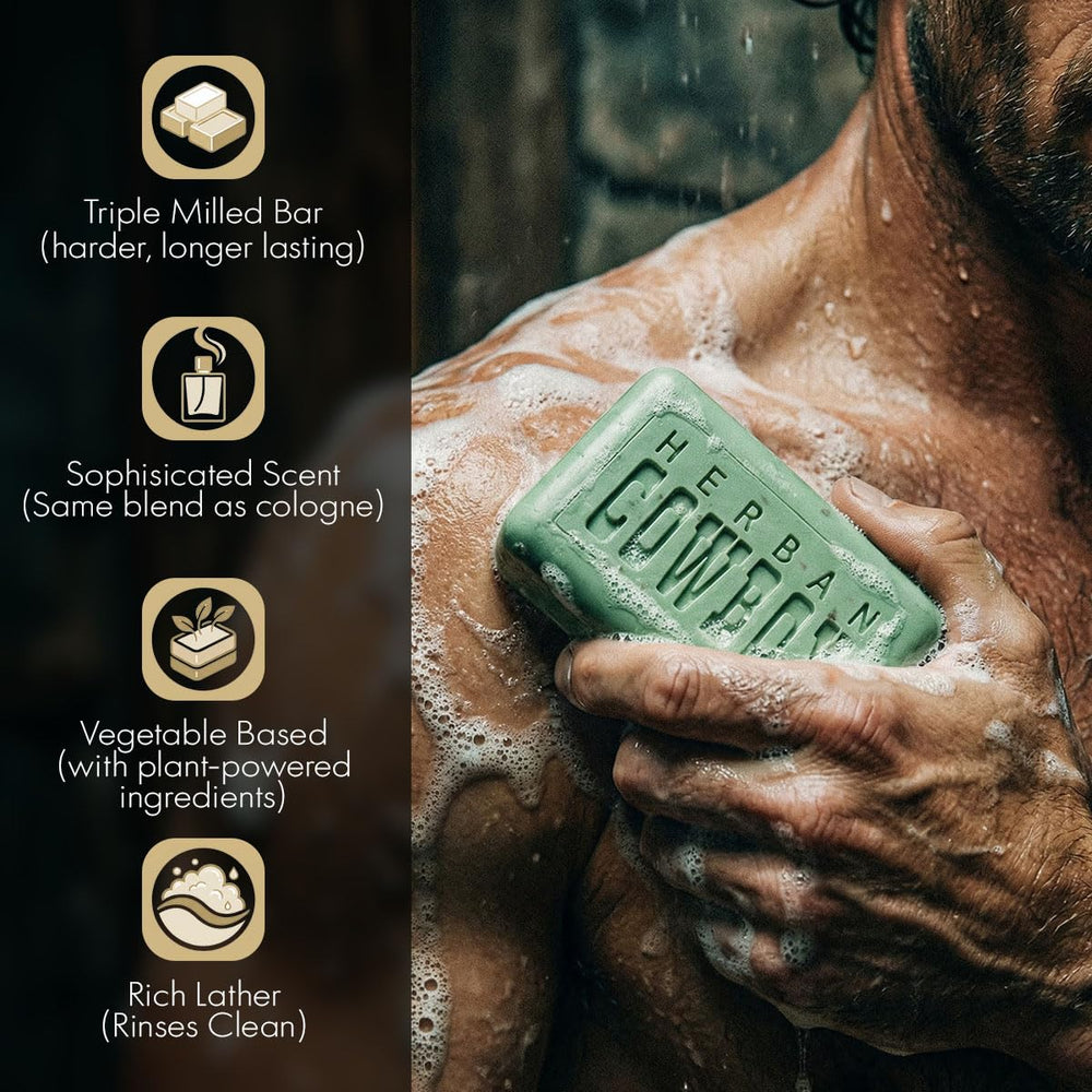 Herban Cowboy close-up of soap texture highlighting clear bar quality and gentle lather