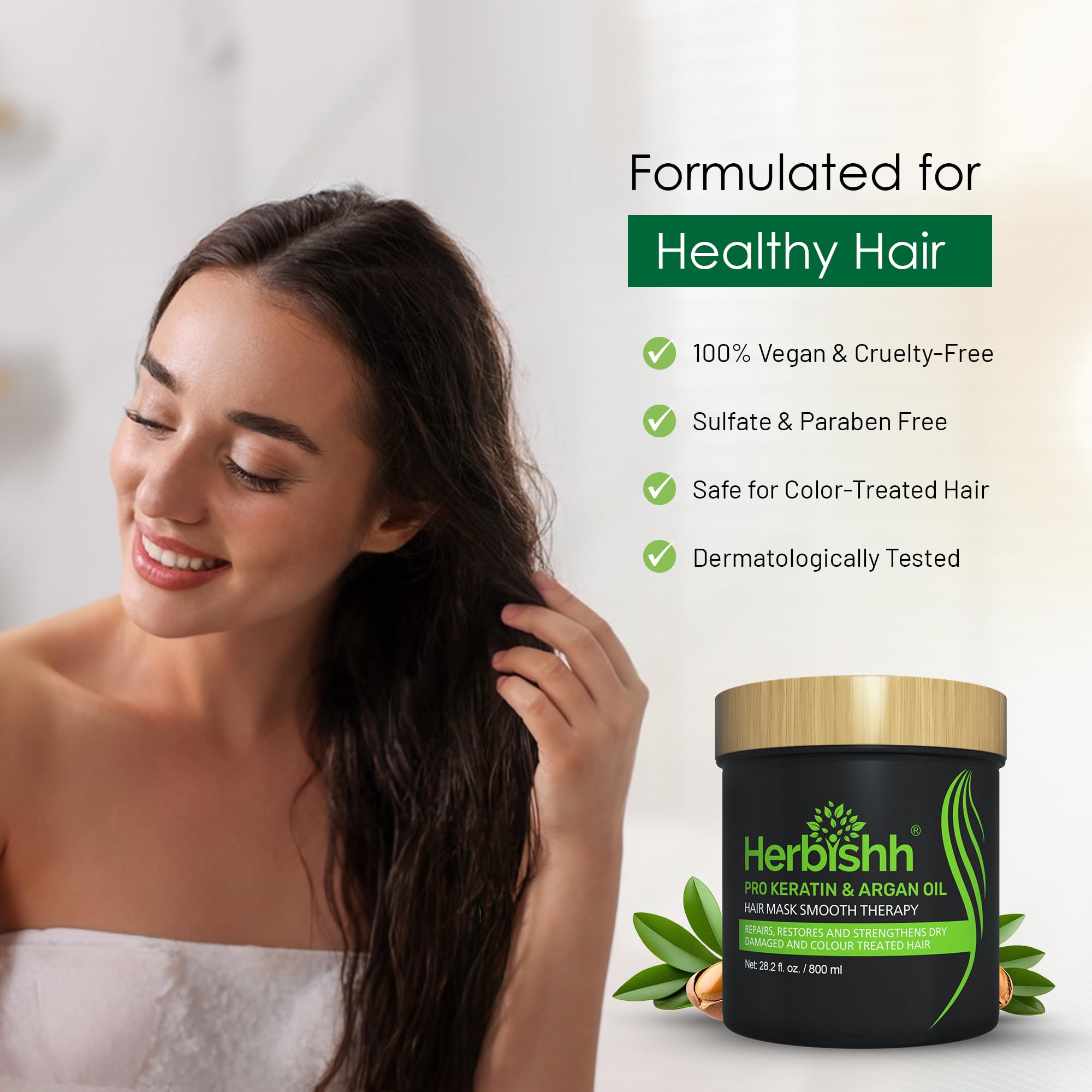 Hydrolyzed keratin close-up with Herbishh product showing strengthening benefit