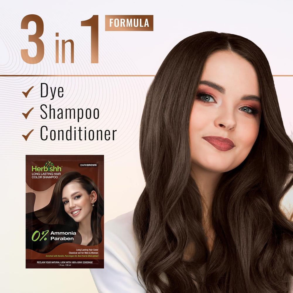 Herbishh before and after photos showing gray coverage and richer dark brown color