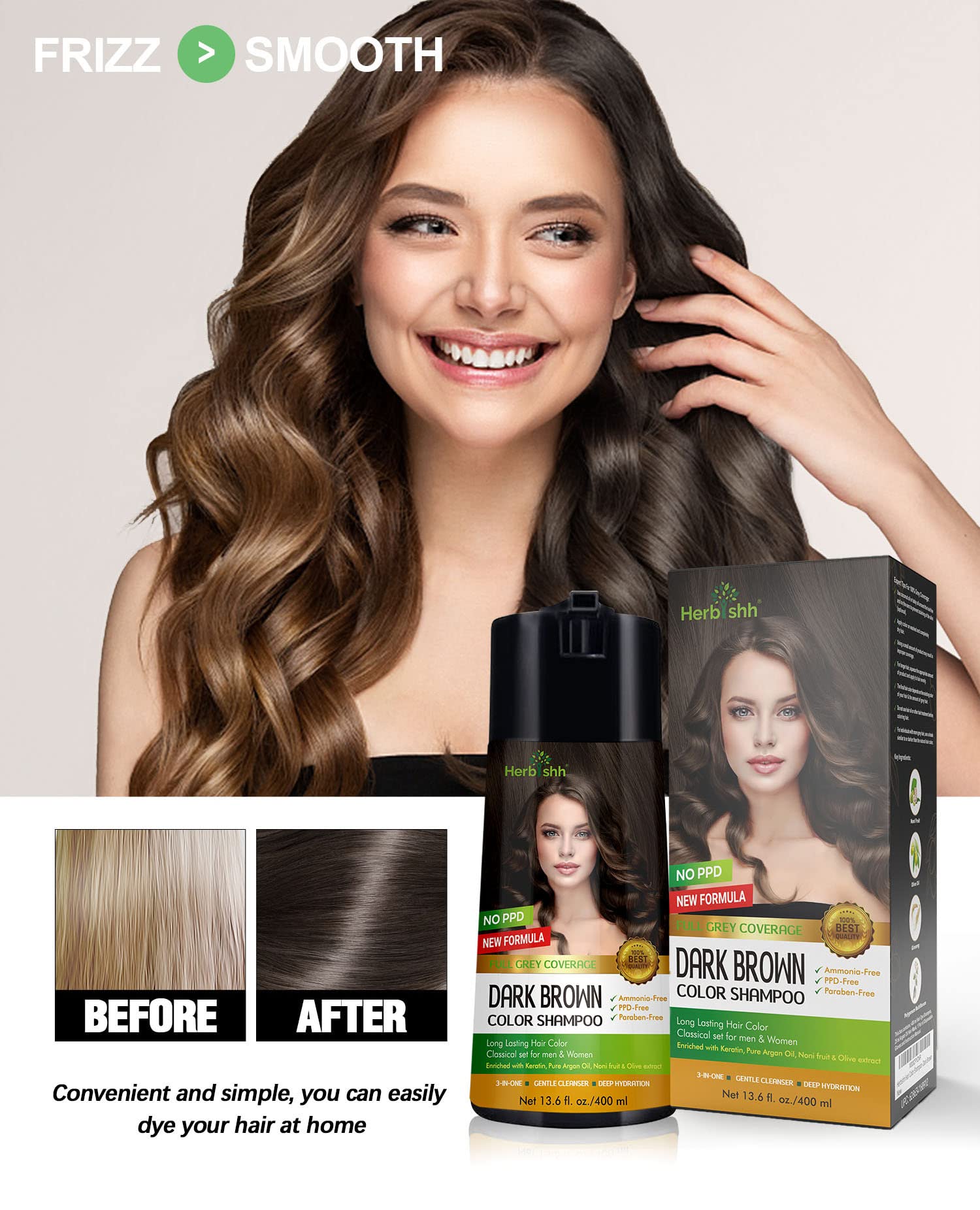 Herbishh lifestyle shot of woman with shiny dark brown hair showing vibrant result benefit