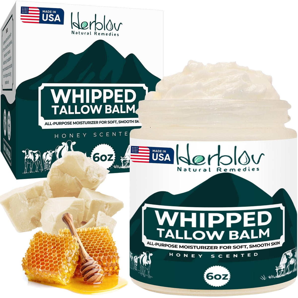 Herblov front jar of beef tallow balm showing product packaging and benefits