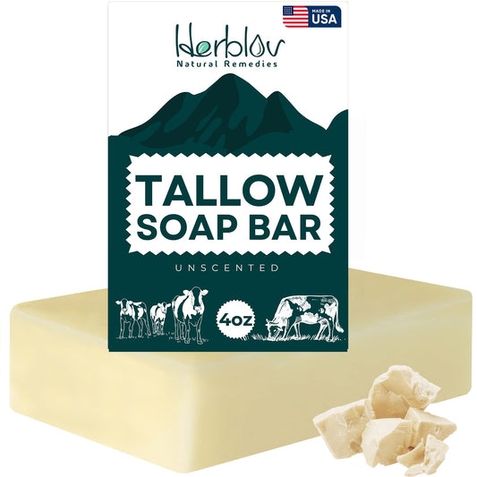 Herblov front packaging showing clean tallow soap and simple branding benefit gentle cleansing